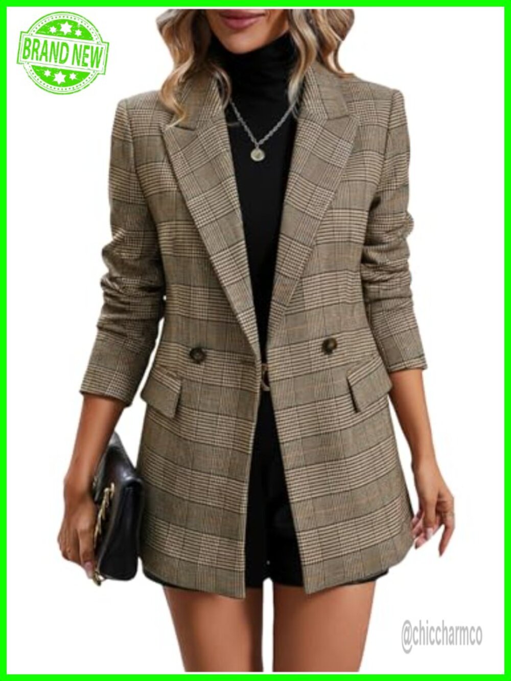 Plaid Blazer Houndstooth Double Breasted Notch Lapel Business Casual